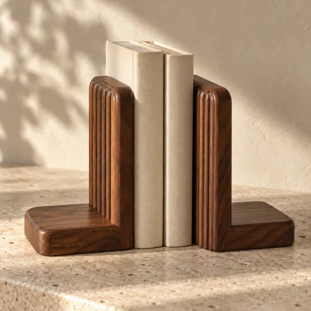 Pair of fluted walnut bookends framing two cream books, books not included