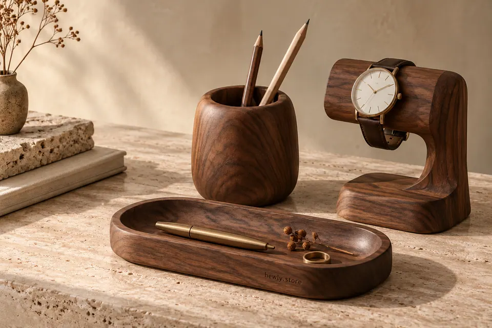 Original Hewly concept: walnut desk objects, a watch stand and a catchall tray in warm natural light